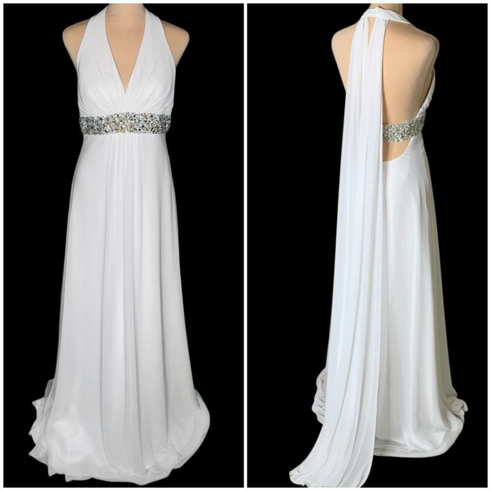 Faviana Gown 10 White Chiffon Beaded Rhinestone Halter Cape Back Prom Wedding